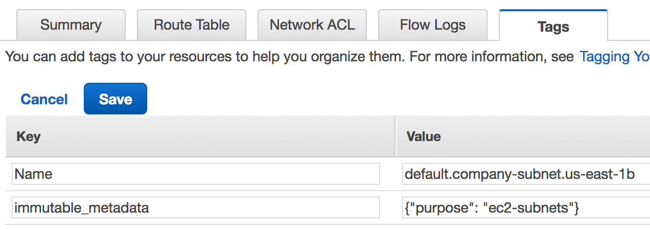 subnet tags in AWS console